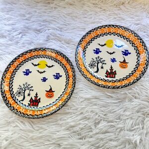 Polish Pottery Boleslawiec 2 Piece Dessert Plates Halloween Themed Kalich